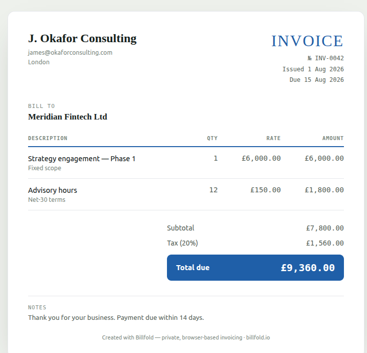 Example invoice for a consultant — fixed-scope phase and Net-30 advisory hours, total in pounds sterling