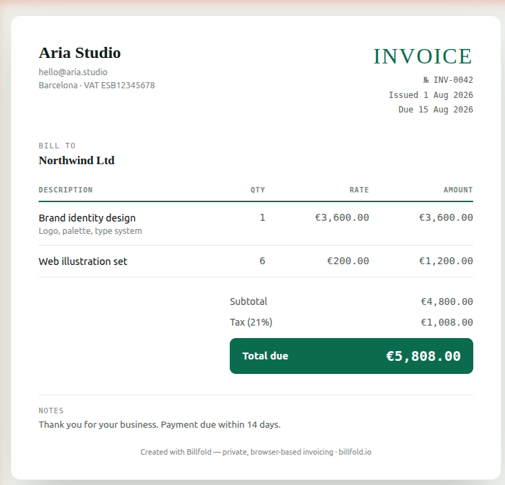 Example invoice for a freelance designer — brand identity and illustration line items, 21% VAT, total in euros