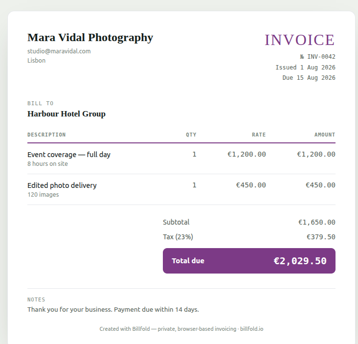 Example invoice for a photographer — event coverage and edited photo delivery line items, 23% VAT, total in euros
